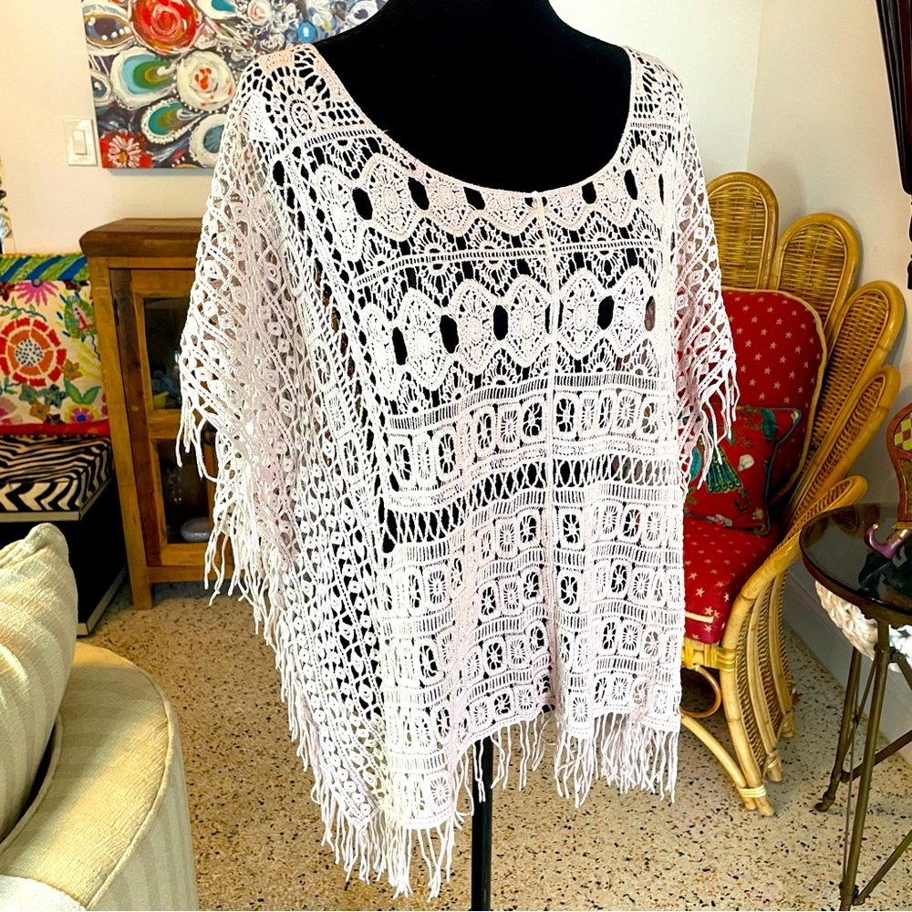 WALLPAPHER Pink Beige Bohemian Pullover Crochet Caftan Poncho Top! New! 1X